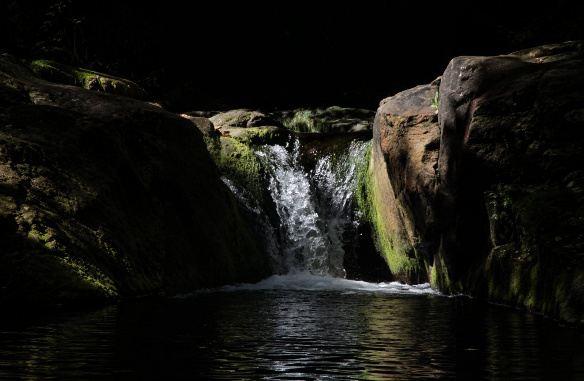 Cascade dans la pénombre — roche, mousse et eau vive